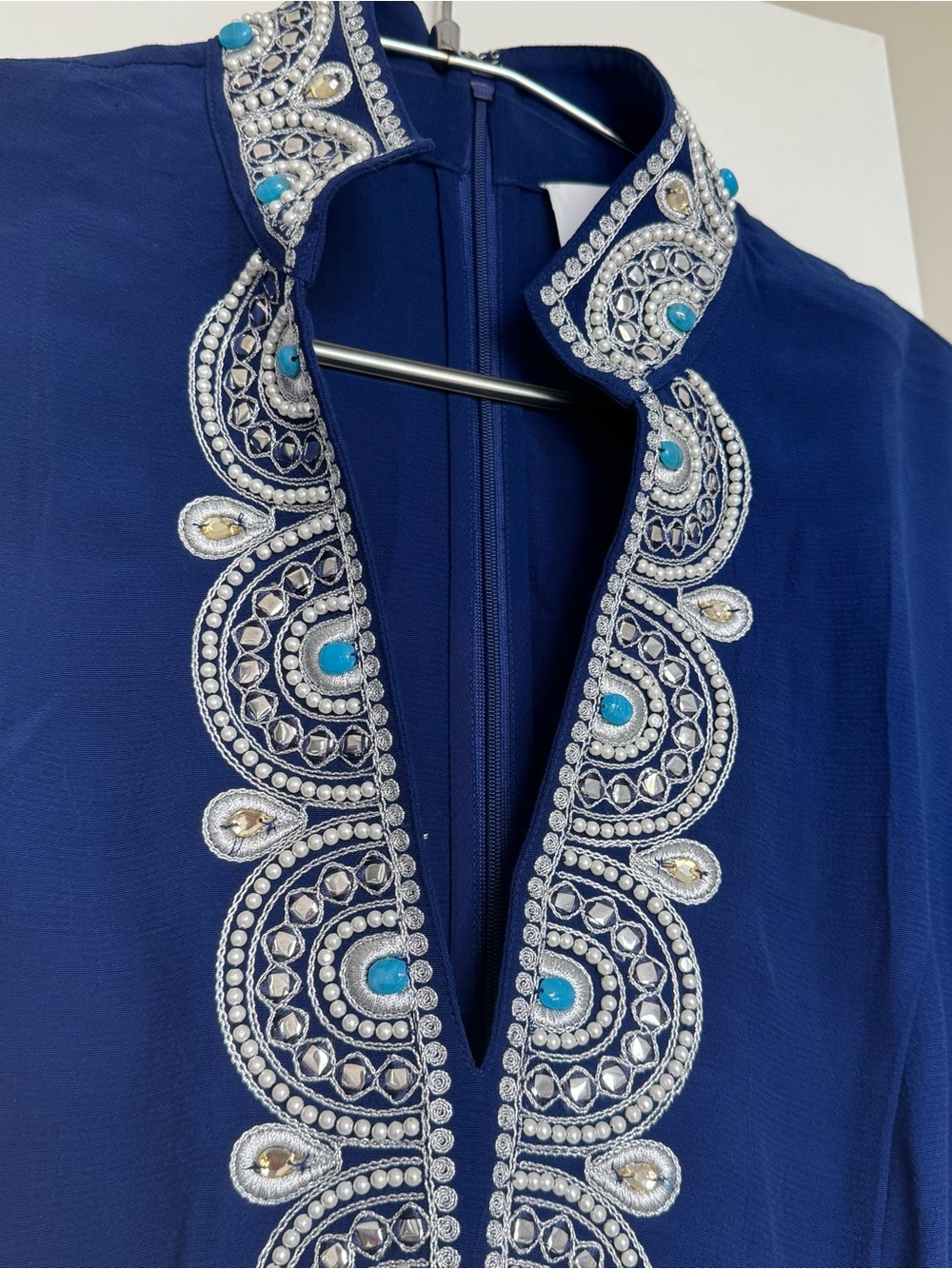 NicoBlu Beaded Caftan Tunic Maxi Dress Navy Blue 10 Luxury Resort - Picture 4 of 8